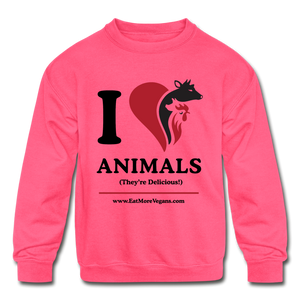 Unisex Kid's Crewneck Sweatshirt - I Love Animals - neon pink